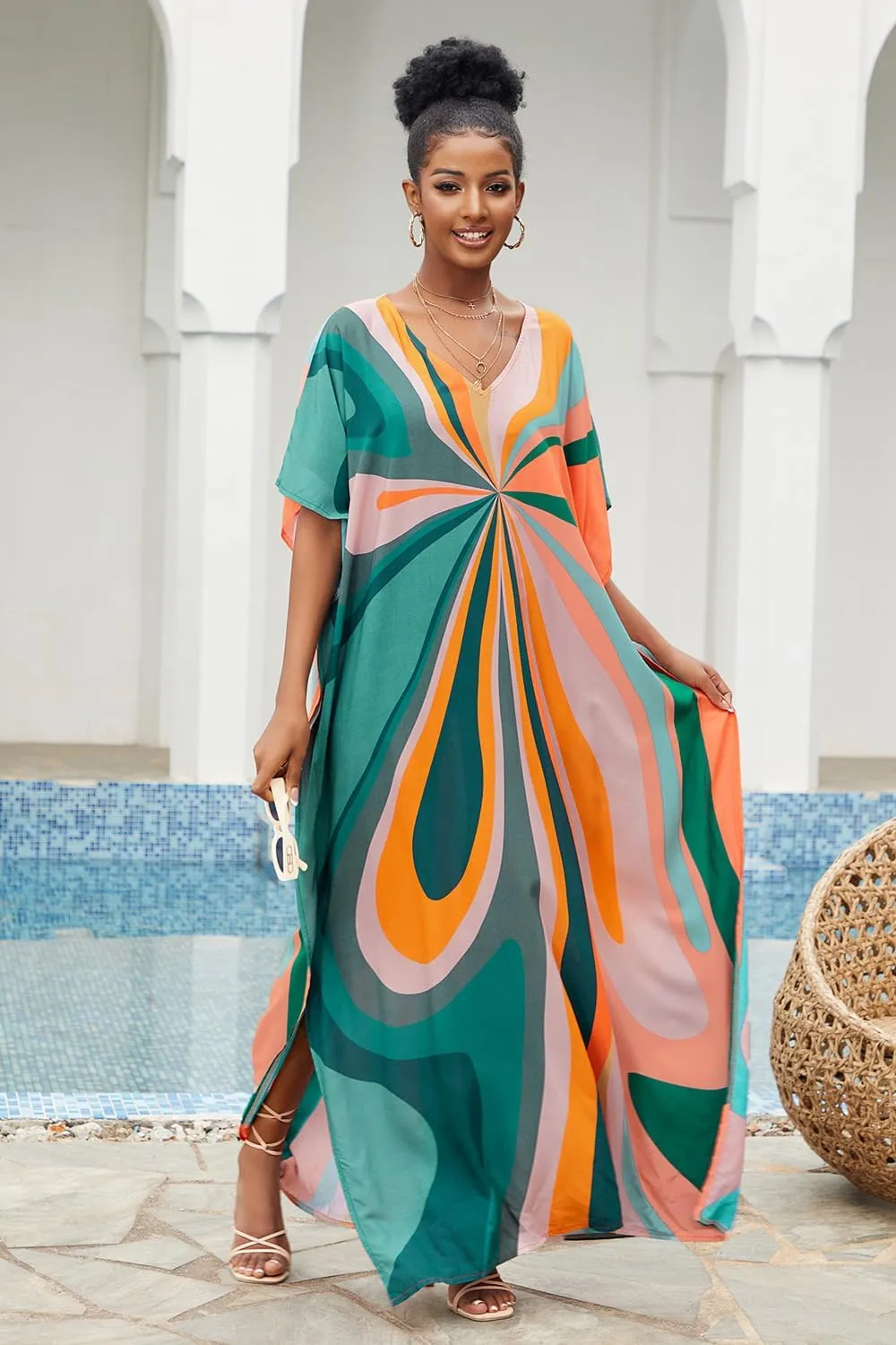 CHERRY CAT Women Plus Size Swimsuit Cover up Beachwear Long Cover-ups Kaftan Casual Caftan Dress