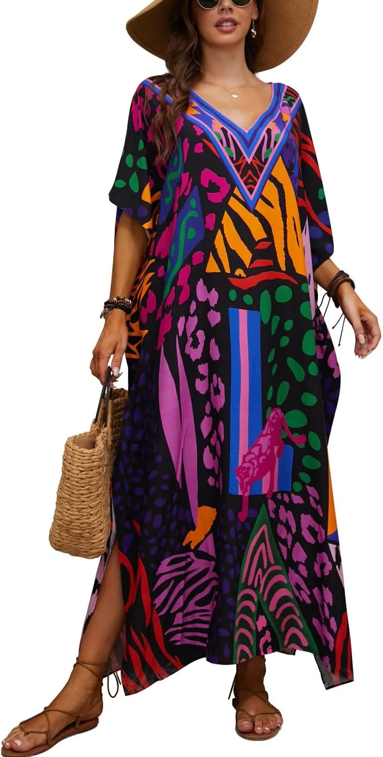 CHERRY CAT Women Plus Size Swimsuit Cover up Beachwear Long Cover-ups Kaftan Casual Caftan Dress