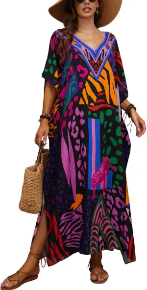CHERRY CAT Women Plus Size Swimsuit Cover up Beachwear Long Cover-ups Kaftan Casual Caftan Dress