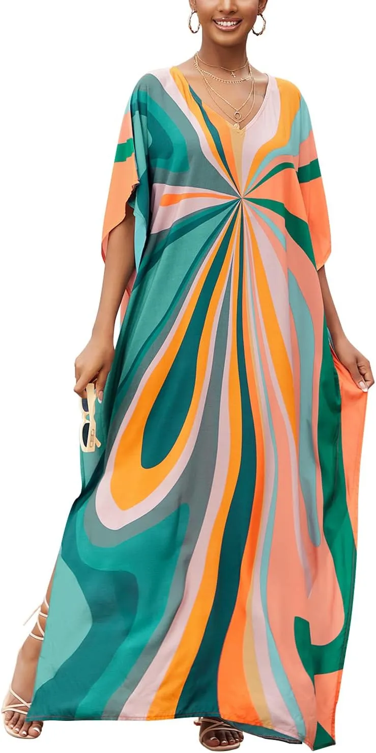 CHERRY CAT Women Plus Size Swimsuit Cover up Beachwear Long Cover-ups Kaftan Casual Caftan Dress