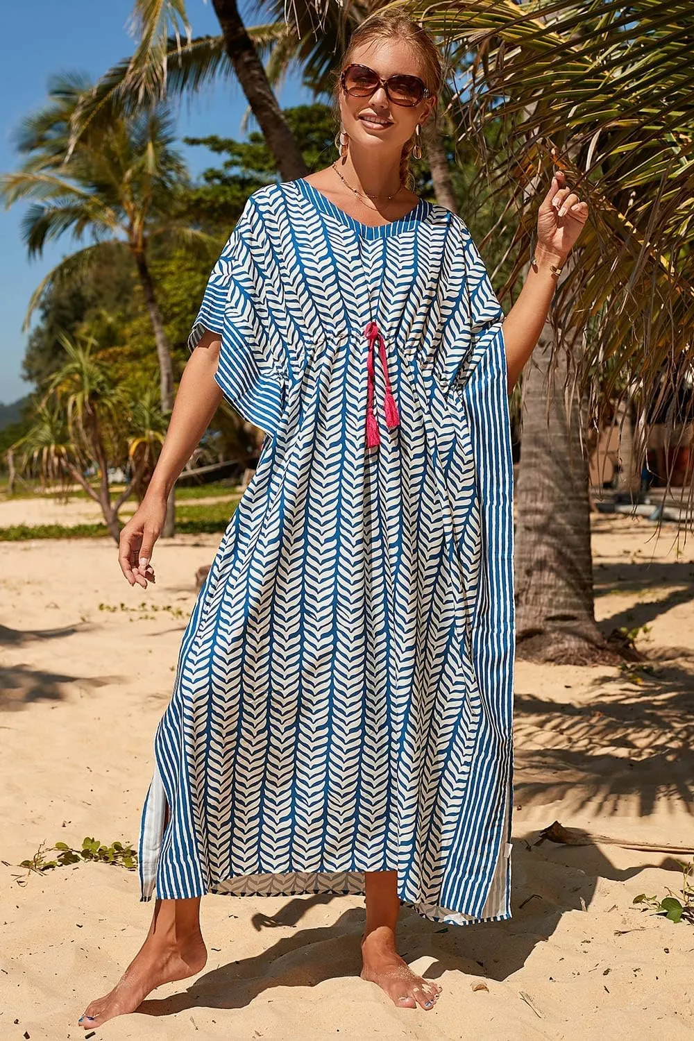 CHERRY CAT Women Plus Size Swimsuit Cover up Beachwear Long Cover-ups Kaftan Casual Caftan Dress