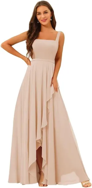 Chiffon Ruffle Bridesmaid Dresses for Women Long Spaghetti Straps Formal Evening Dress with Slit
