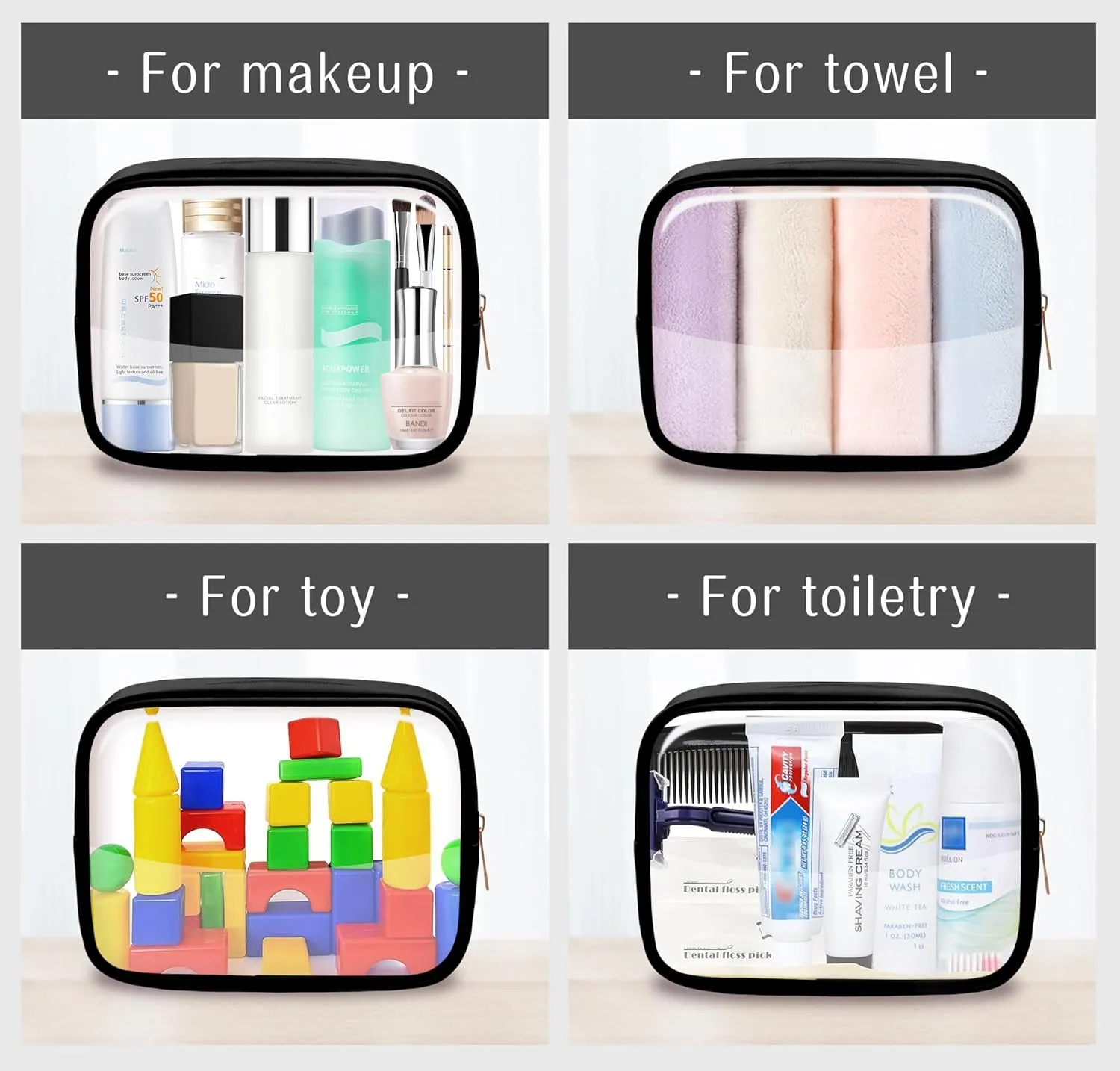 Clear Makeup Bag TSA Approved Toiletry Bag Waterproof Cosmetic Bag for Women Black 2Pcs