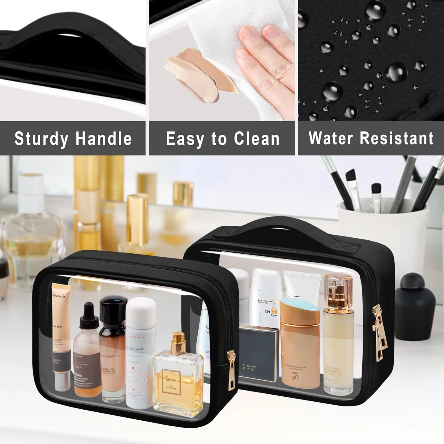 Clear Makeup Bag TSA Approved Toiletry Bag Waterproof Cosmetic Bag for Women Black 2Pcs