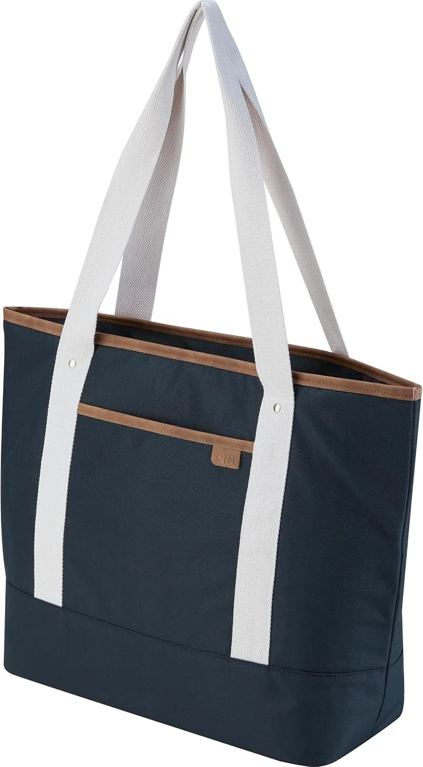 CleverMade Premium Malibu Tote Bag with Laptop Compartment; Stylish Purse for Work, Beach, and Travel; Made From Recycled Materials, Navy, Large