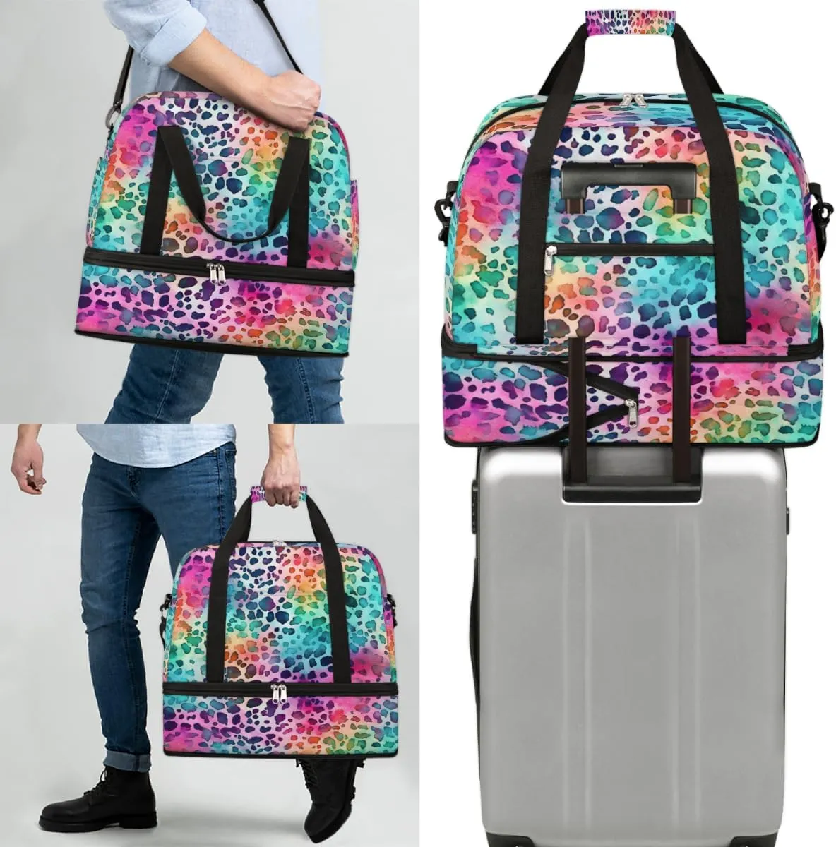 Color Leopard Skin Printed Foldable Duffle Bag with Shoes Compartment Large Capacity Waterproof Travel Weekender Bag Overnight Bag for Sports Gym