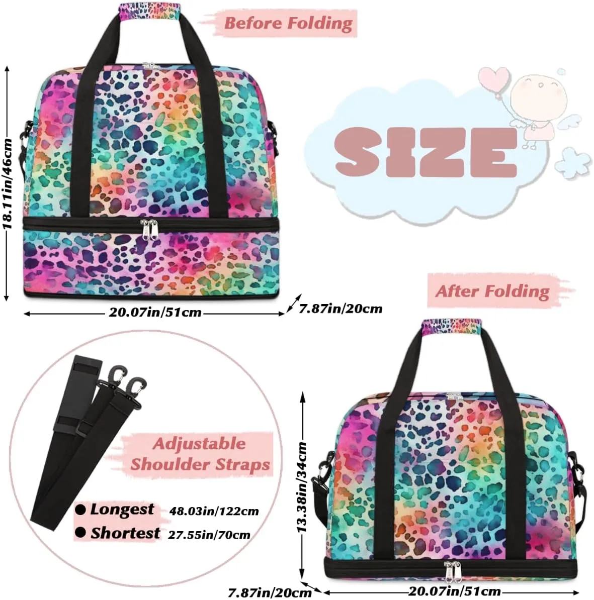 Color Leopard Skin Printed Foldable Duffle Bag with Shoes Compartment Large Capacity Waterproof Travel Weekender Bag Overnight Bag for Sports Gym