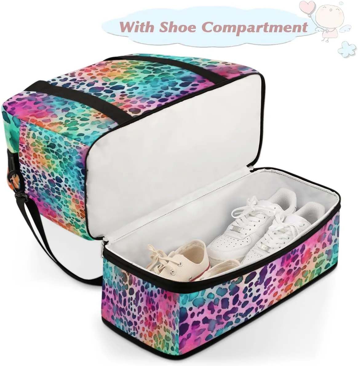 Color Leopard Skin Printed Foldable Duffle Bag with Shoes Compartment Large Capacity Waterproof Travel Weekender Bag Overnight Bag for Sports Gym