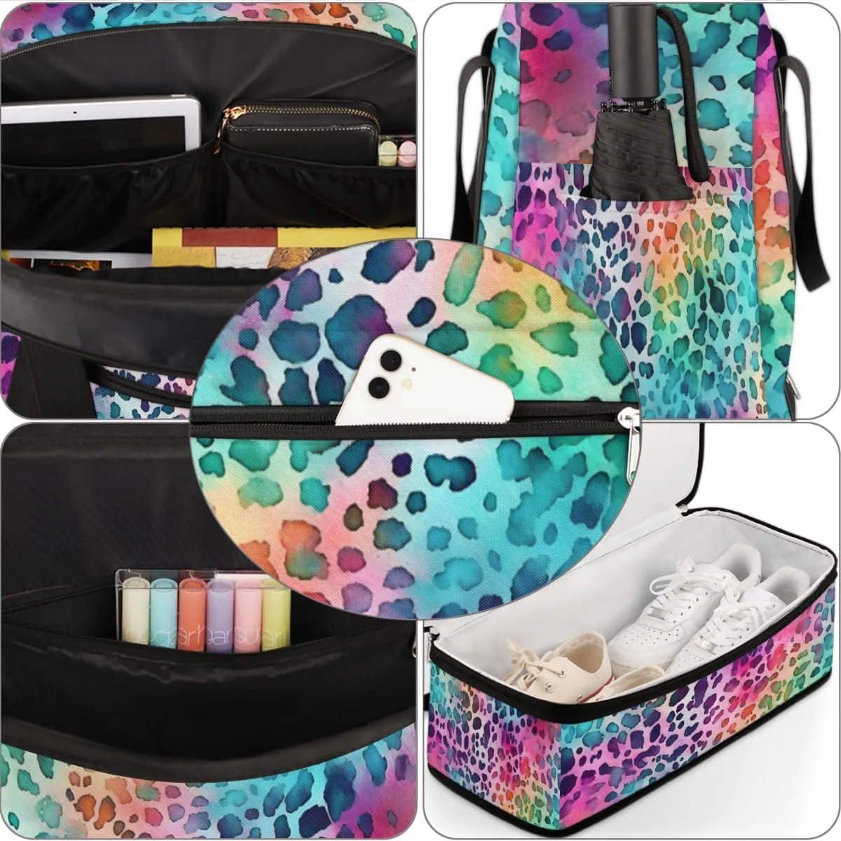 Color Leopard Skin Printed Foldable Duffle Bag with Shoes Compartment Large Capacity Waterproof Travel Weekender Bag Overnight Bag for Sports Gym