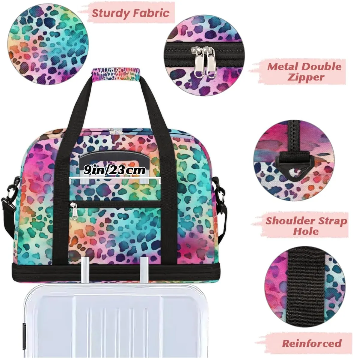 Color Leopard Skin Printed Foldable Duffle Bag with Shoes Compartment Large Capacity Waterproof Travel Weekender Bag Overnight Bag for Sports Gym