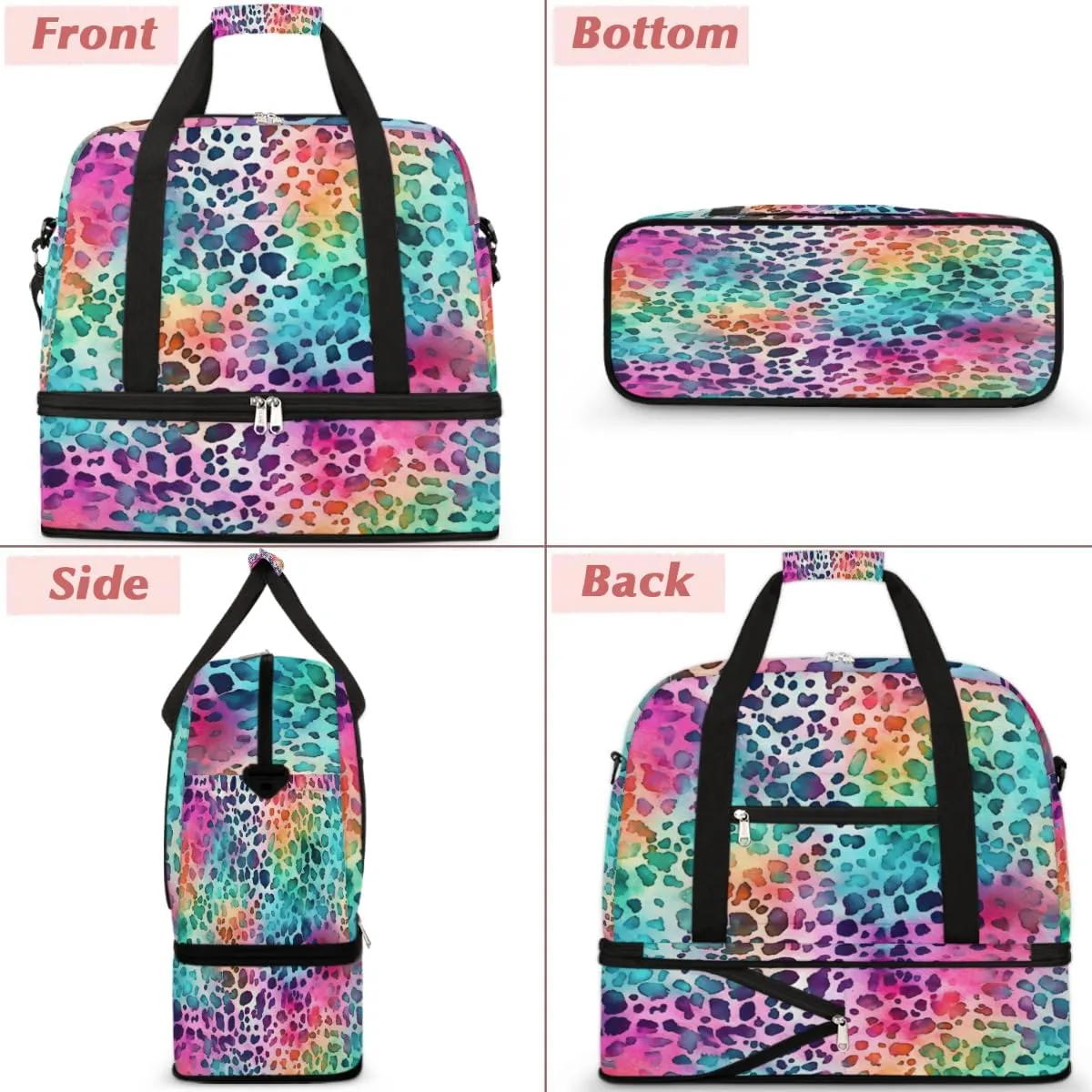 Color Leopard Skin Printed Foldable Duffle Bag with Shoes Compartment Large Capacity Waterproof Travel Weekender Bag Overnight Bag for Sports Gym