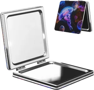 Colorful Jellyfish Printed Square Pocket Makeup Mirror with 1X/2X Magnification, Portable Mini Travel Makeup Mirror for Travel Daily Work Beauty