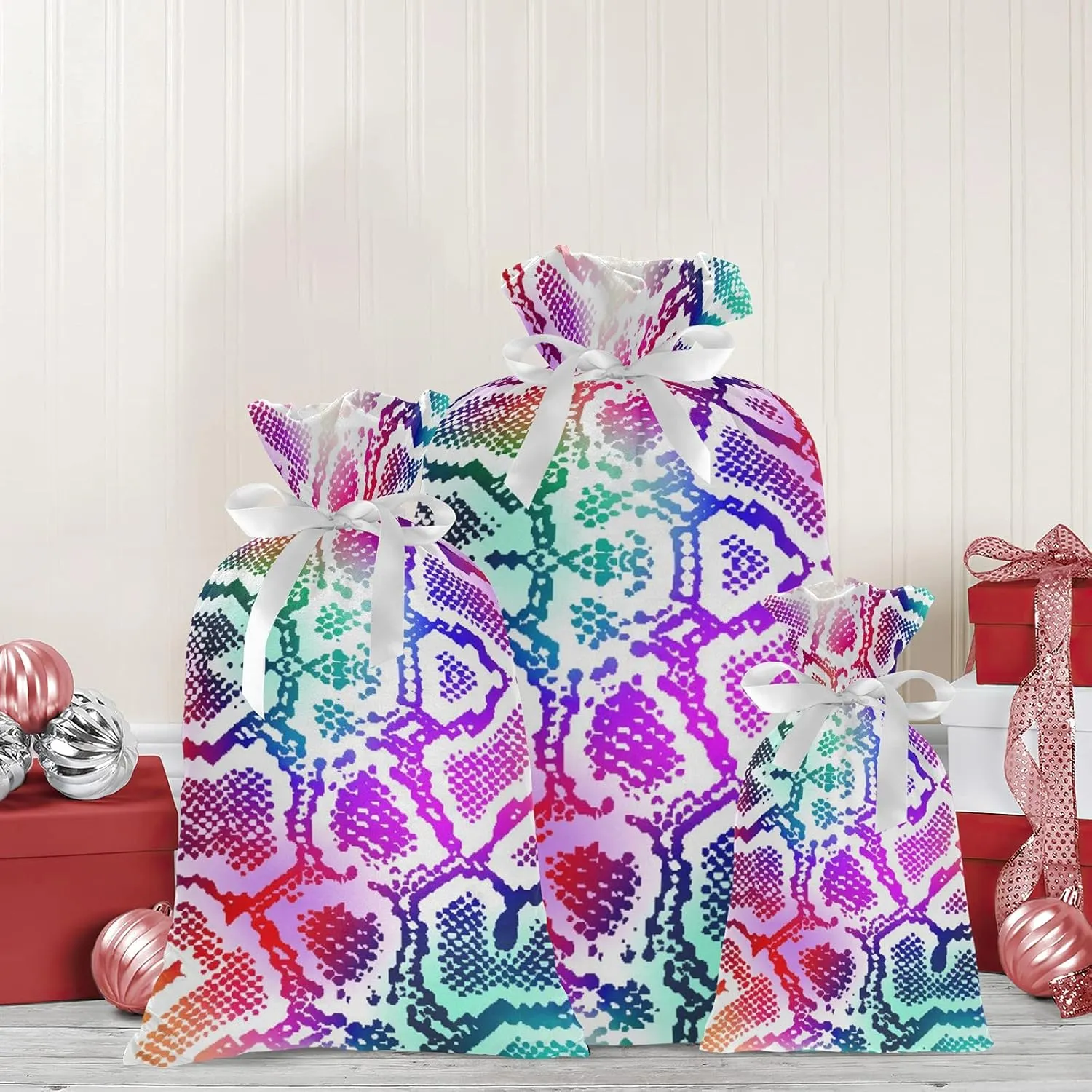 Colorful Lizard Skin 3 Pack Christmas Gift Bags, Drawstring Xmas Bag, Gift Wrapper Bag for Holiday and Parties