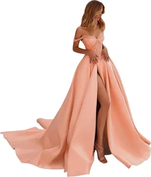 Corset Prom Dresses 2025 Off Shoulder Beaded Satin A-Line Puffy Long Ball Gowns for Women with Slit