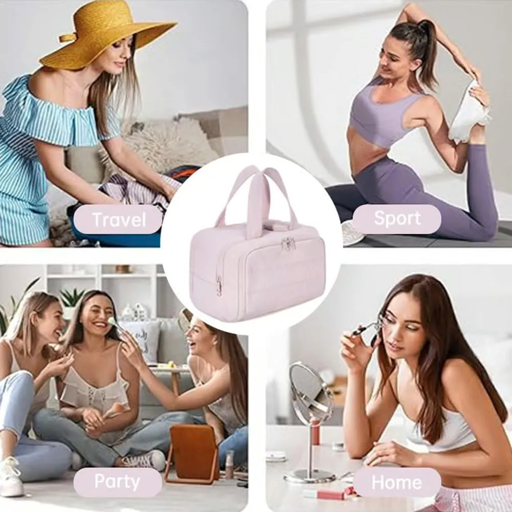 Cureaway Travel Cosmetic Bag, Large Capacity Wide-Open Travel Cosmetic Bag, Waterproof Portable Pouch Open Flat Toiletry Bags for Women with Divider and Handle (Beige)