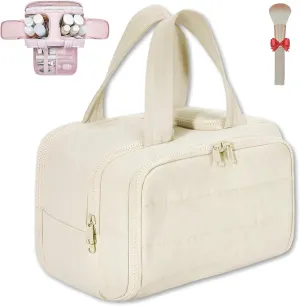Cureaway Travel Cosmetic Bag, Large Capacity Wide-Open Travel Cosmetic Bag, Waterproof Portable Pouch Open Flat Toiletry Bags for Women with Divider and Handle (Beige)