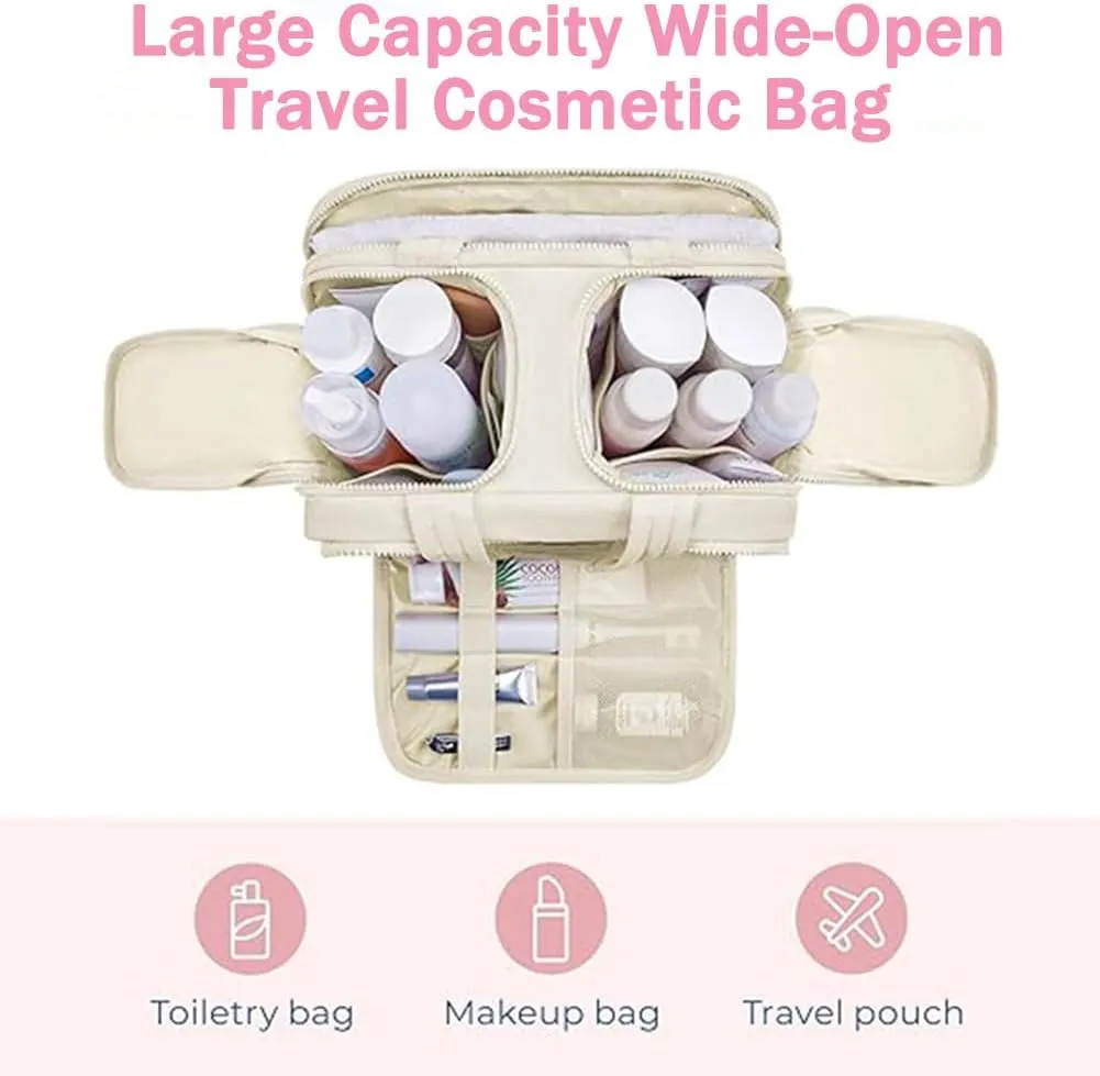 Cureaway Travel Cosmetic Bag, Large Capacity Wide-Open Travel Cosmetic Bag, Waterproof Portable Pouch Open Flat Toiletry Bags for Women with Divider and Handle (Beige)