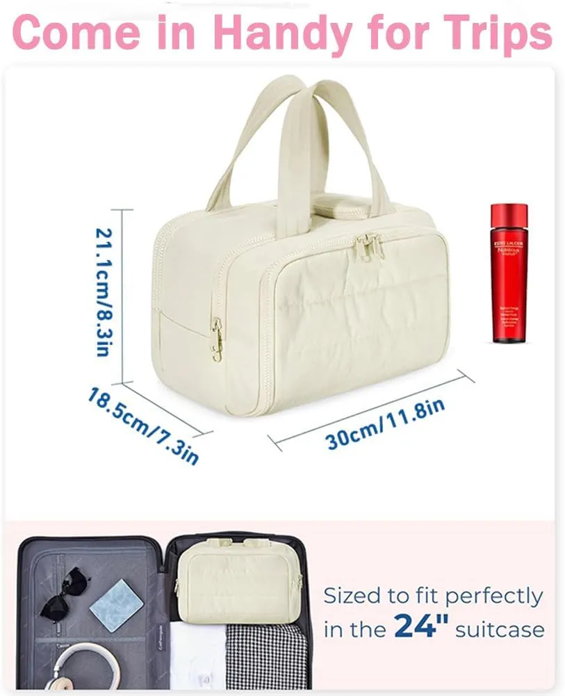 Cureaway Travel Cosmetic Bag, Large Capacity Wide-Open Travel Cosmetic Bag, Waterproof Portable Pouch Open Flat Toiletry Bags for Women with Divider and Handle (Beige)