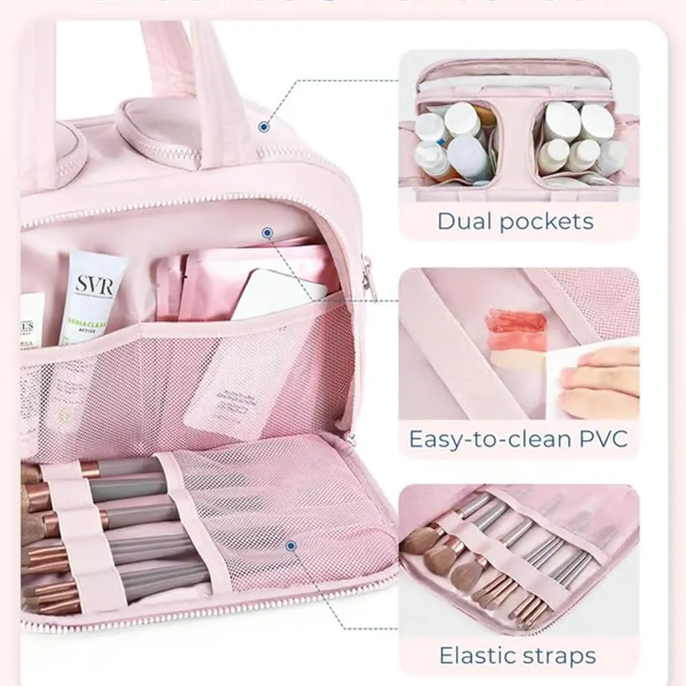 Cureaway Travel Cosmetic Bag, Large Capacity Wide-Open Travel Cosmetic Bag, Waterproof Portable Pouch Open Flat Toiletry Bags for Women with Divider and Handle (Dark Pink)
