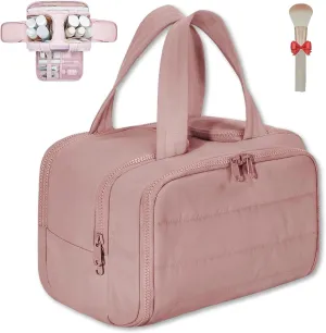 Cureaway Travel Cosmetic Bag, Large Capacity Wide-Open Travel Cosmetic Bag, Waterproof Portable Pouch Open Flat Toiletry Bags for Women with Divider and Handle (Dark Pink)