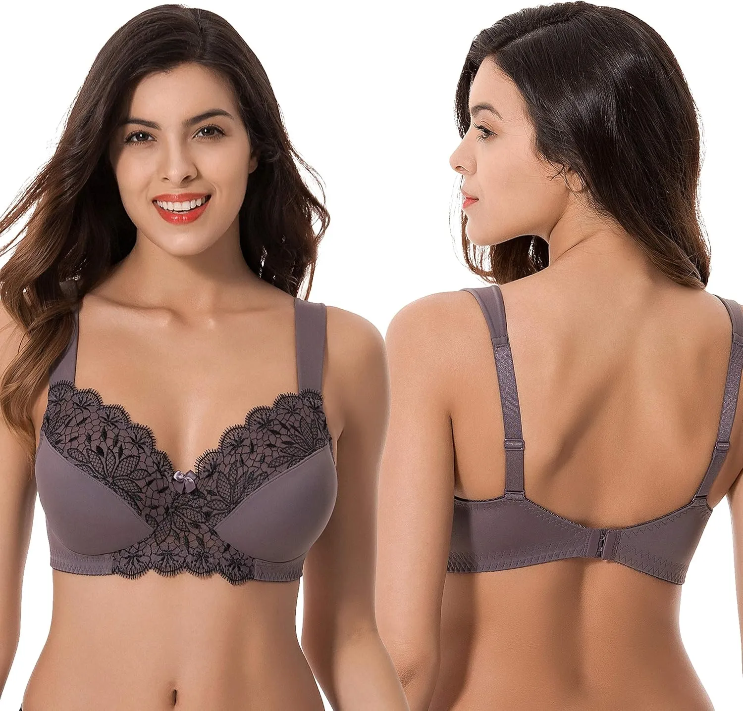 Curve Muse Plus Size Unlined Minimizer Wirefree Bras with Embroidery Lace-3Pack