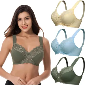 Curve Muse Plus Size Unlined Minimizer Wirefree Bras with Embroidery Lace-3Pack