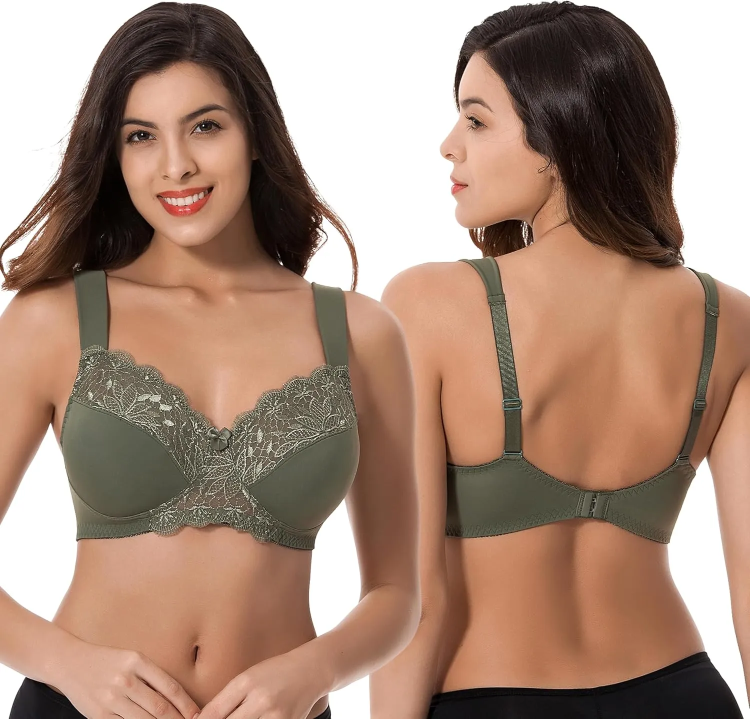 Curve Muse Plus Size Unlined Minimizer Wirefree Bras with Embroidery Lace-3Pack