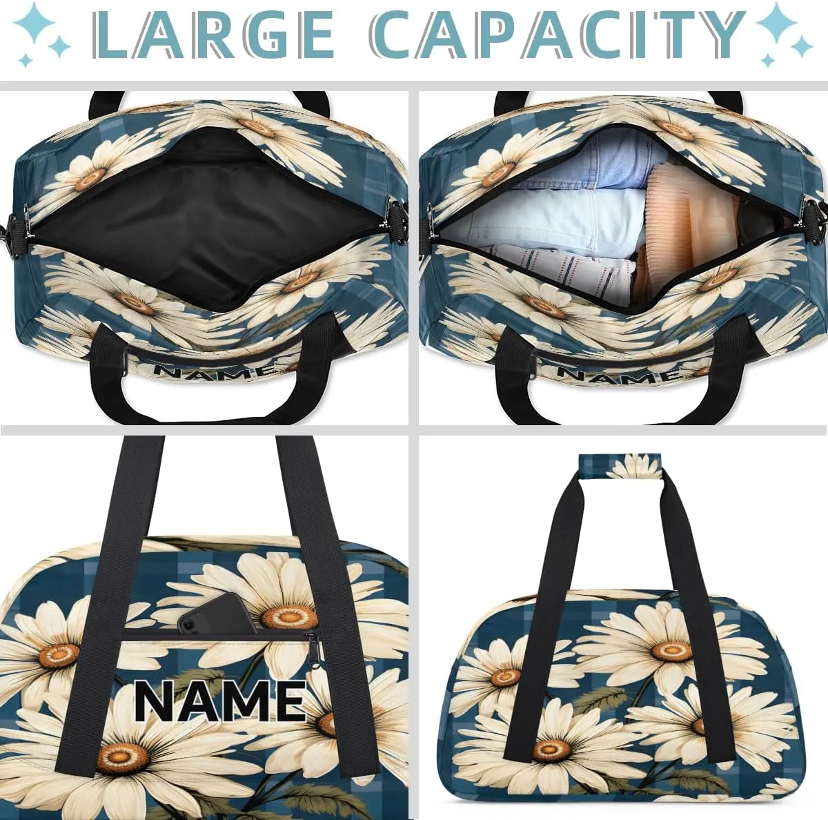 Custom Daisy Floral Small Gym Bag 18 inch for Women Men Personalized Buffalo Plaid Flower Carry On Overnight Weekender Bag for Travel Work Dance Sport