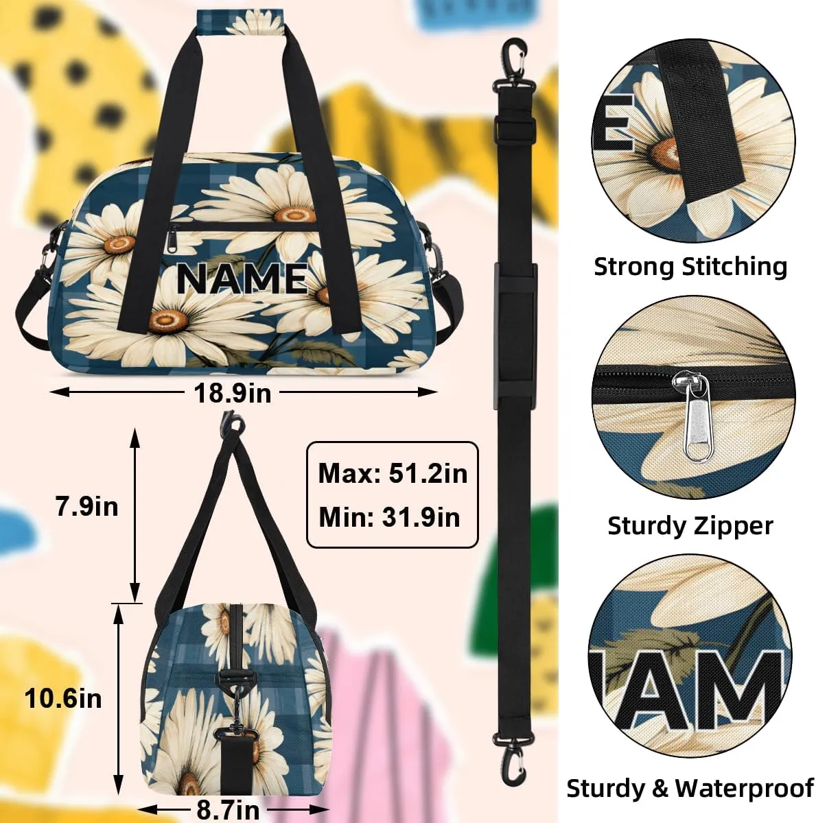Custom Daisy Floral Small Gym Bag 18 inch for Women Men Personalized Buffalo Plaid Flower Carry On Overnight Weekender Bag for Travel Work Dance Sport