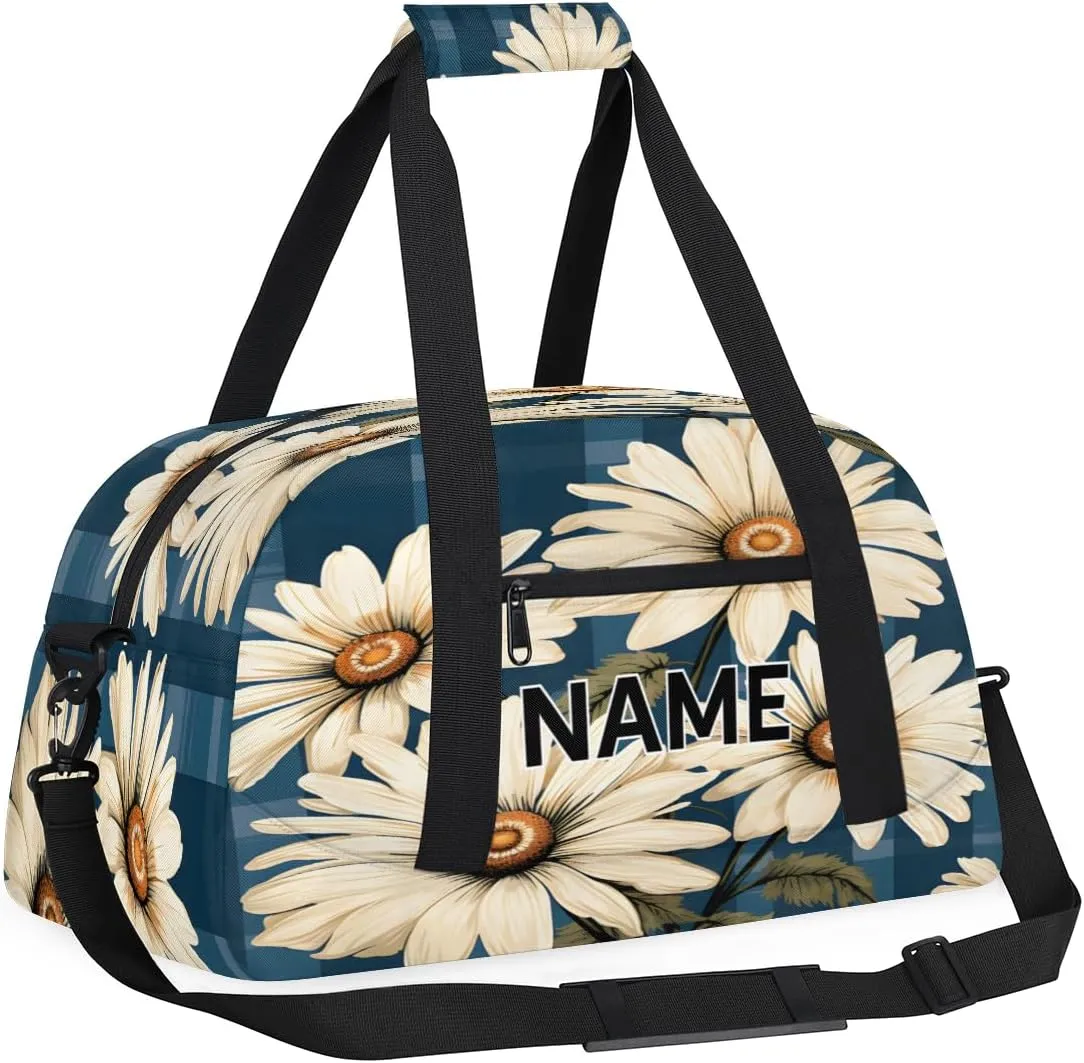 Custom Daisy Floral Small Gym Bag 18 inch for Women Men Personalized Buffalo Plaid Flower Carry On Overnight Weekender Bag for Travel Work Dance Sport
