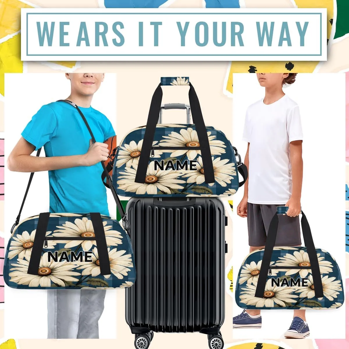Custom Daisy Floral Small Gym Bag 18 inch for Women Men Personalized Buffalo Plaid Flower Carry On Overnight Weekender Bag for Travel Work Dance Sport