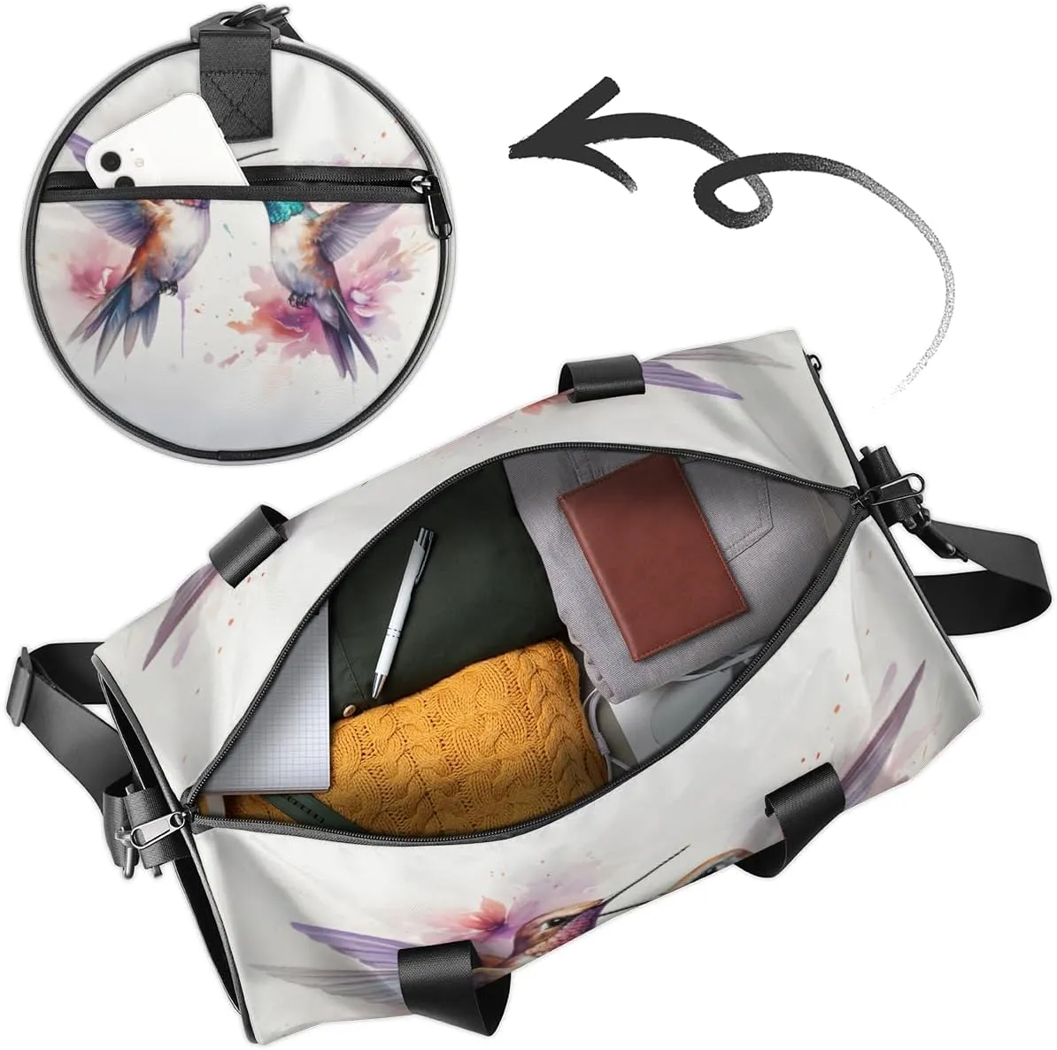Custom Gym Bag for Women Men with Name, Personalized Watercolor Birds Duffel Bag for Sports, Waterproof Dance Bag, Lightweight Carryon Gym Bag, Hummingbird