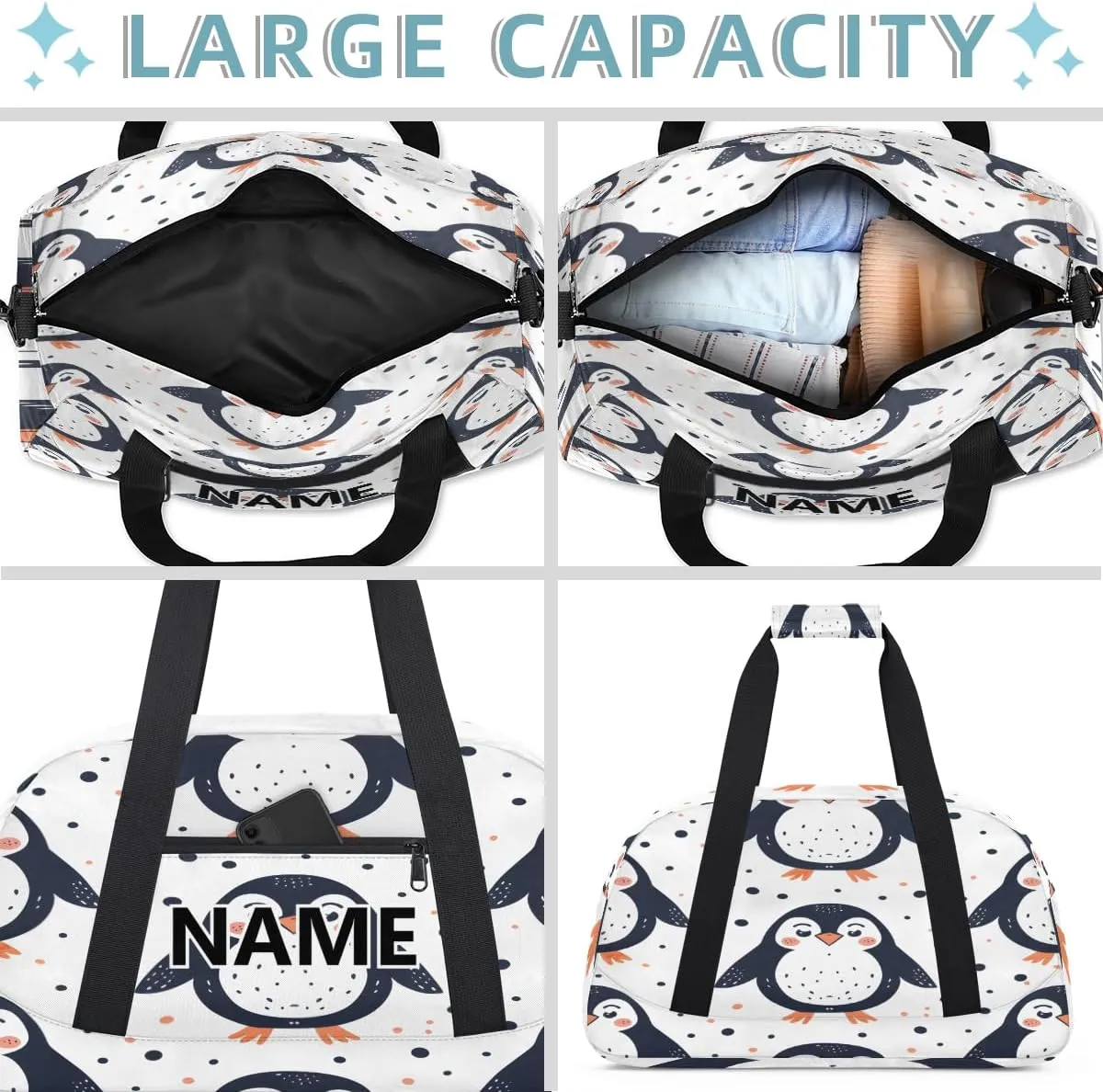 Cute Custom Small Gym Bag 18 inch for Women Men Personalized Penguin Carry On Overnight Weekender Bag for Travel Work Dance Sport