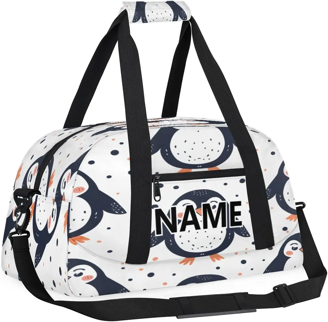 Cute Custom Small Gym Bag 18 inch for Women Men Personalized Penguin Carry On Overnight Weekender Bag for Travel Work Dance Sport