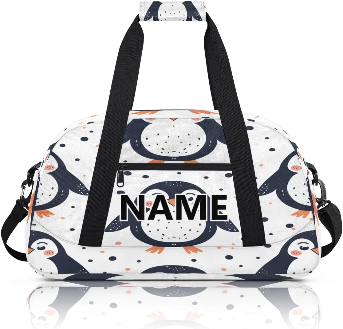 Cute Custom Small Gym Bag 18 inch for Women Men Personalized Penguin Carry On Overnight Weekender Bag for Travel Work Dance Sport