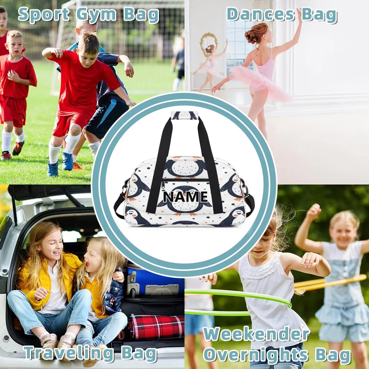 Cute Custom Small Gym Bag 18 inch for Women Men Personalized Penguin Carry On Overnight Weekender Bag for Travel Work Dance Sport