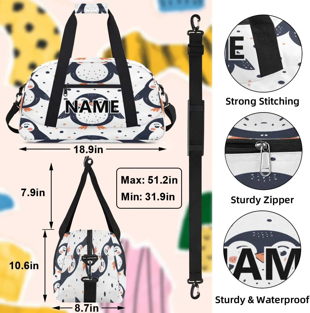 Cute Custom Small Gym Bag 18 inch for Women Men Personalized Penguin Carry On Overnight Weekender Bag for Travel Work Dance Sport
