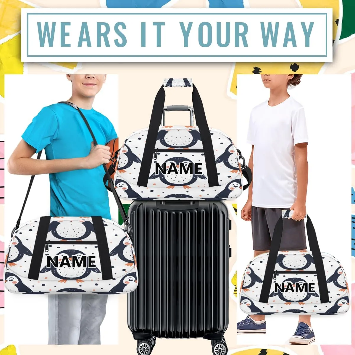 Cute Custom Small Gym Bag 18 inch for Women Men Personalized Penguin Carry On Overnight Weekender Bag for Travel Work Dance Sport