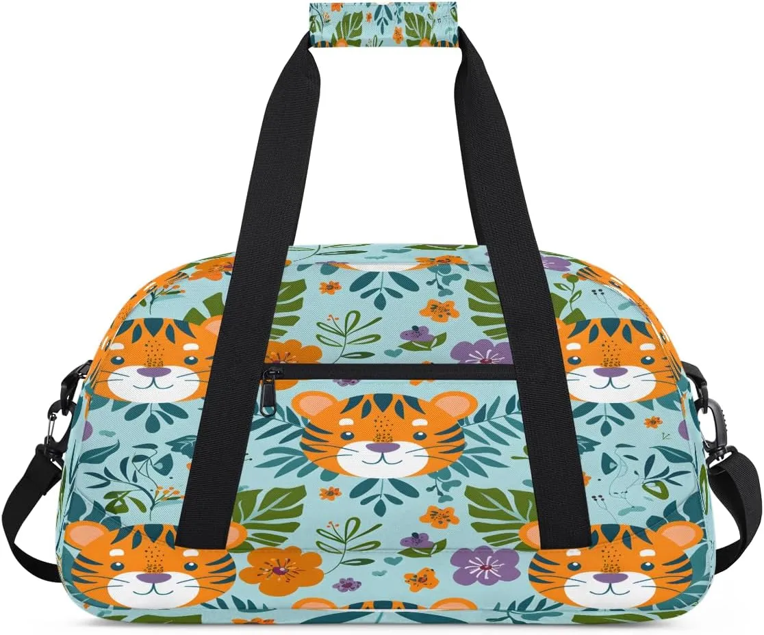Cute Tigers Kids Overnighter Duffel Bags for Boys, Carry-On Size Sports Gym Bag with Front Zipper Pocket for School Practice or Overnight Travel Weekender Sleepover Tote Bag