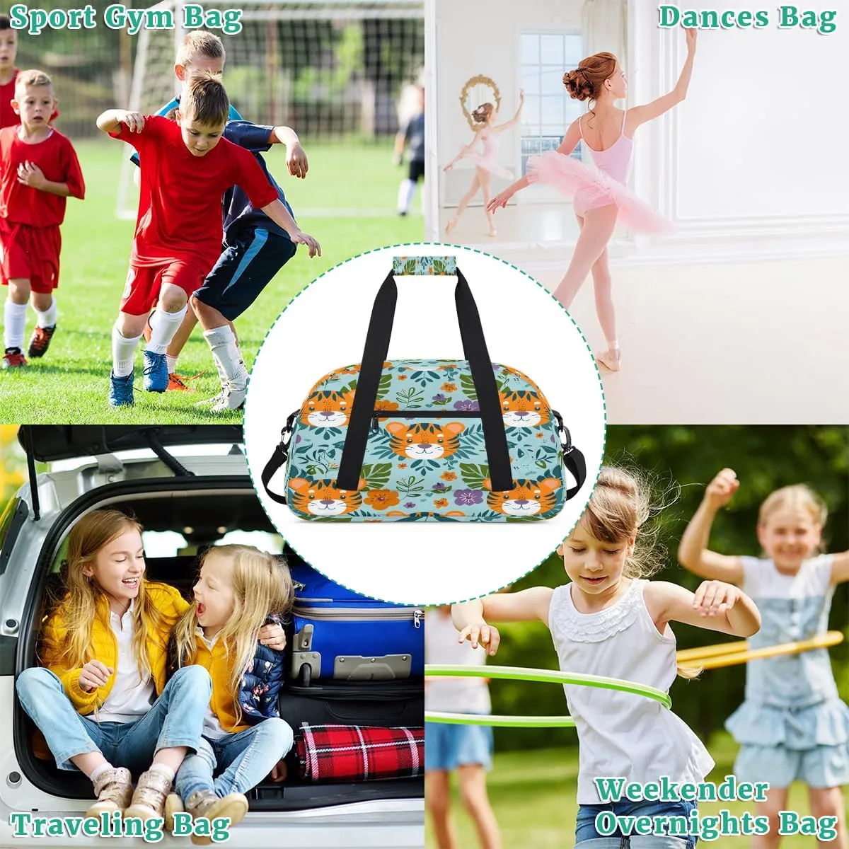 Cute Tigers Kids Overnighter Duffel Bags for Boys, Carry-On Size Sports Gym Bag with Front Zipper Pocket for School Practice or Overnight Travel Weekender Sleepover Tote Bag