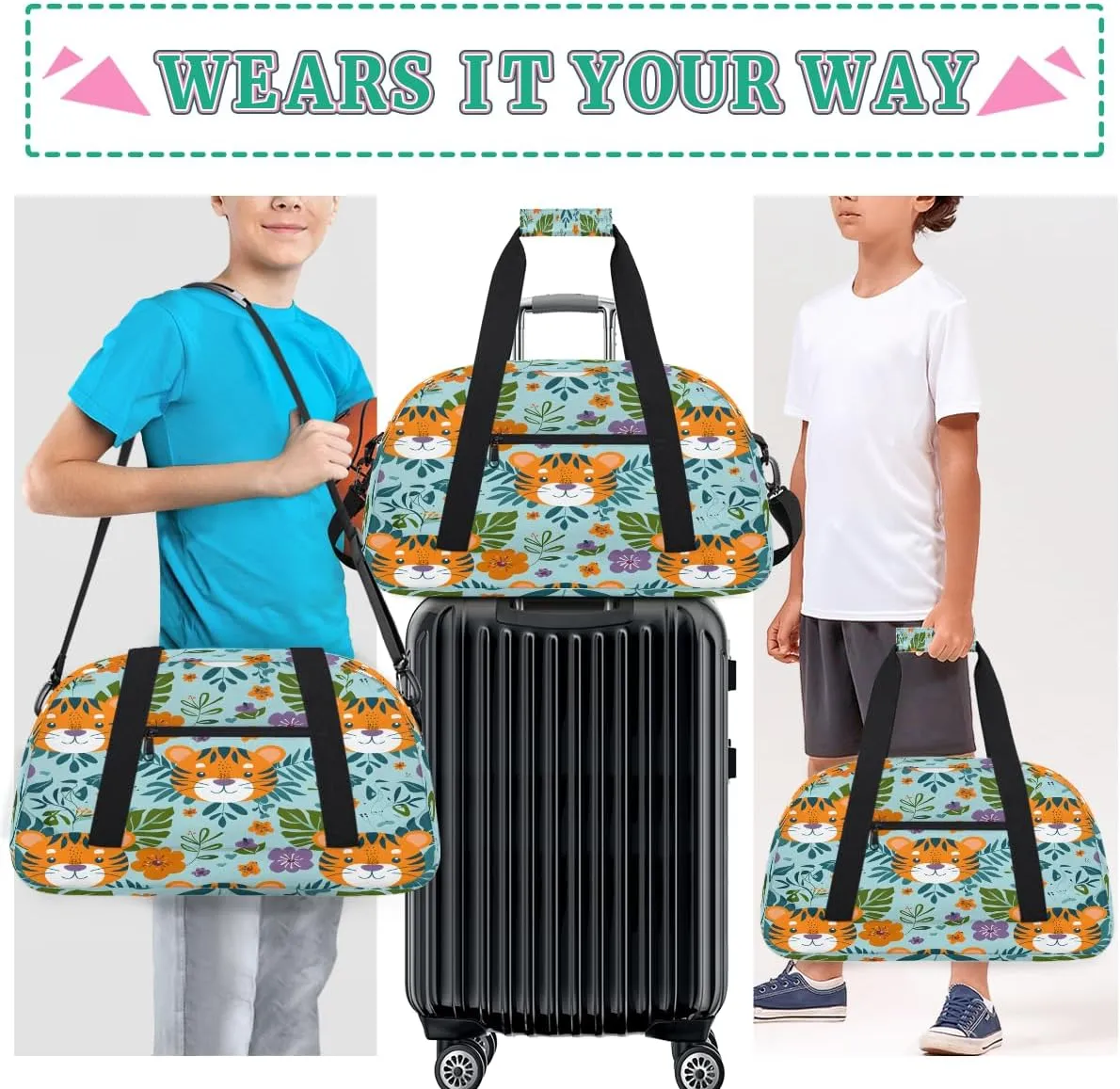 Cute Tigers Kids Overnighter Duffel Bags for Boys, Carry-On Size Sports Gym Bag with Front Zipper Pocket for School Practice or Overnight Travel Weekender Sleepover Tote Bag