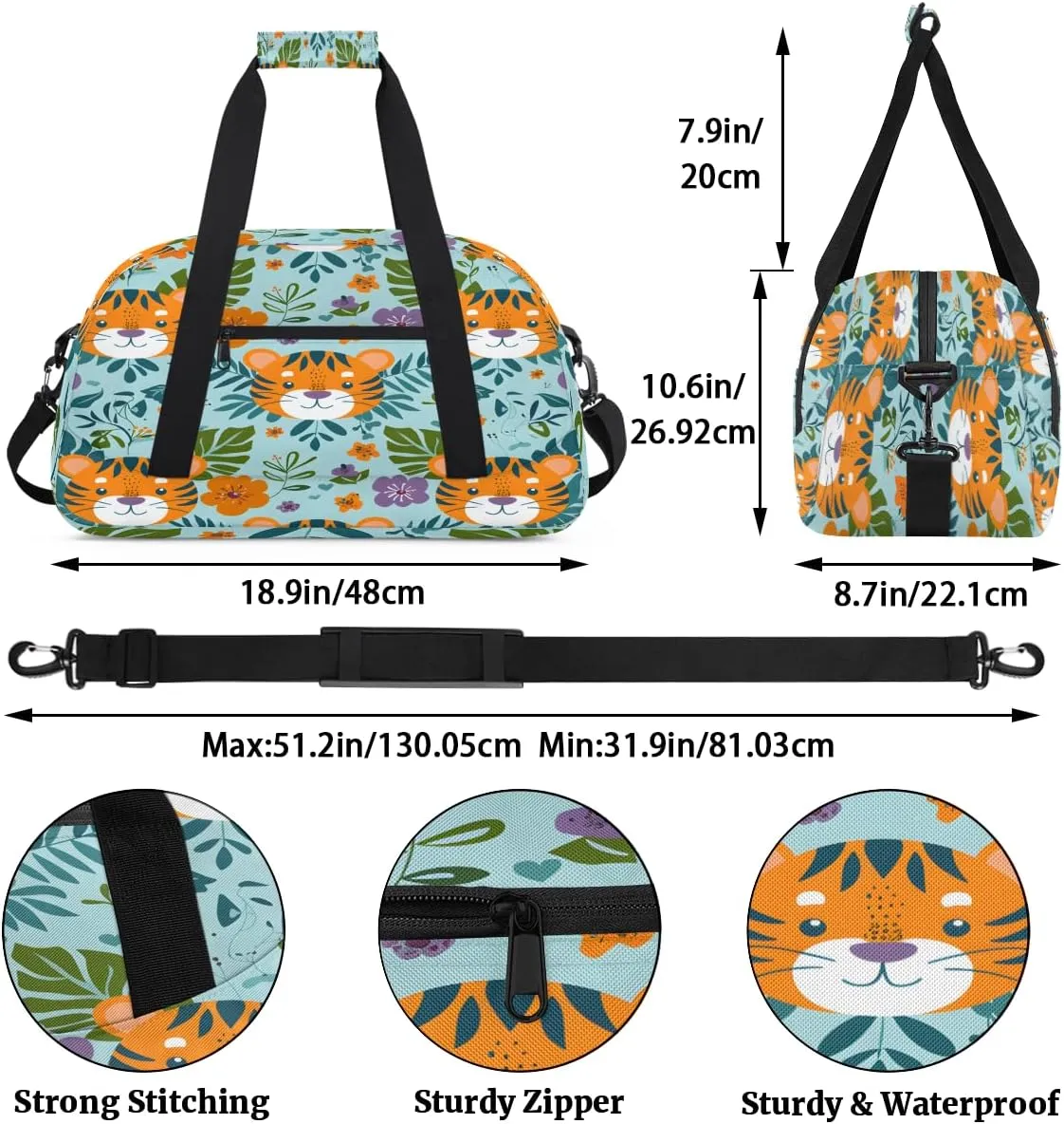Cute Tigers Kids Overnighter Duffel Bags for Boys, Carry-On Size Sports Gym Bag with Front Zipper Pocket for School Practice or Overnight Travel Weekender Sleepover Tote Bag