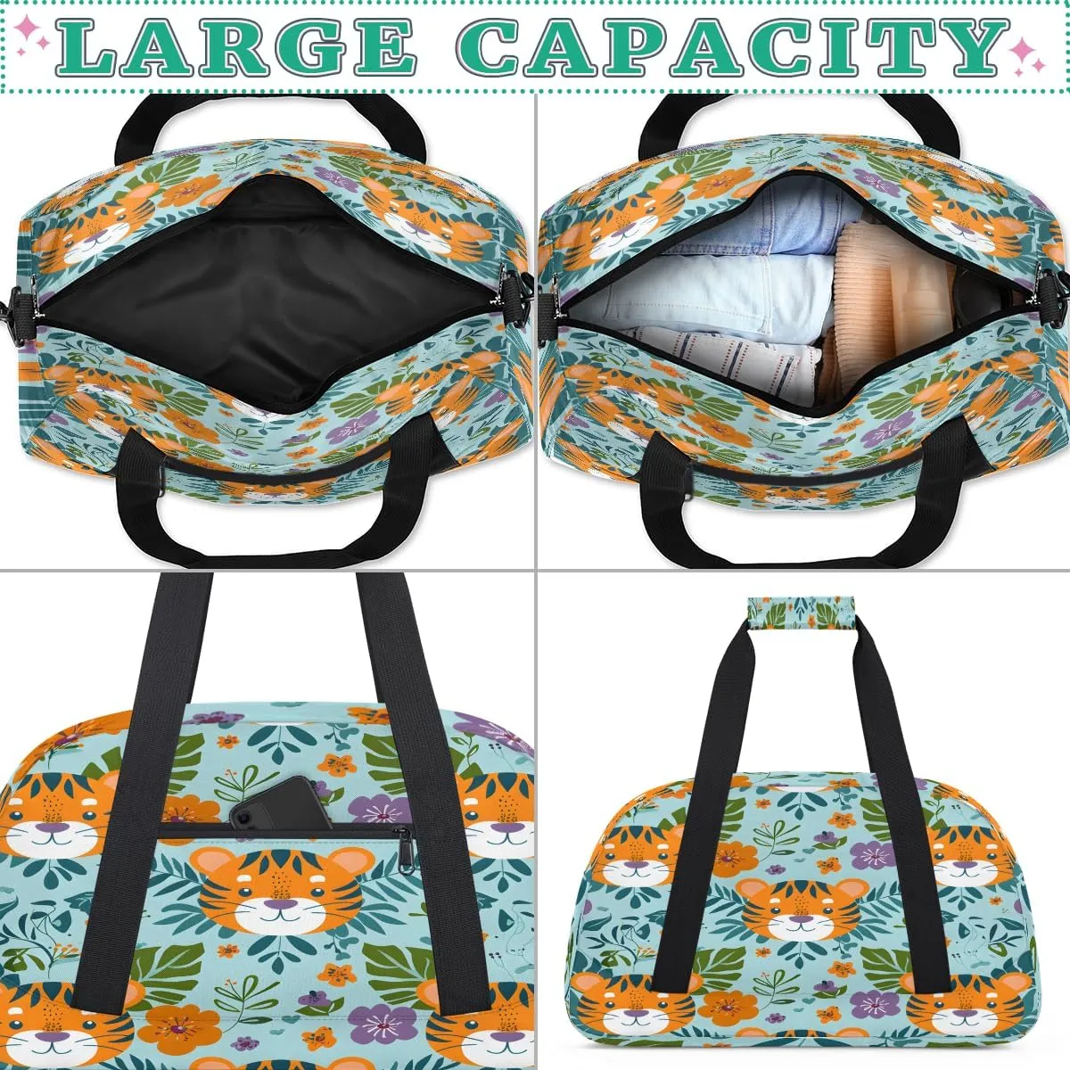Cute Tigers Kids Overnighter Duffel Bags for Boys, Carry-On Size Sports Gym Bag with Front Zipper Pocket for School Practice or Overnight Travel Weekender Sleepover Tote Bag
