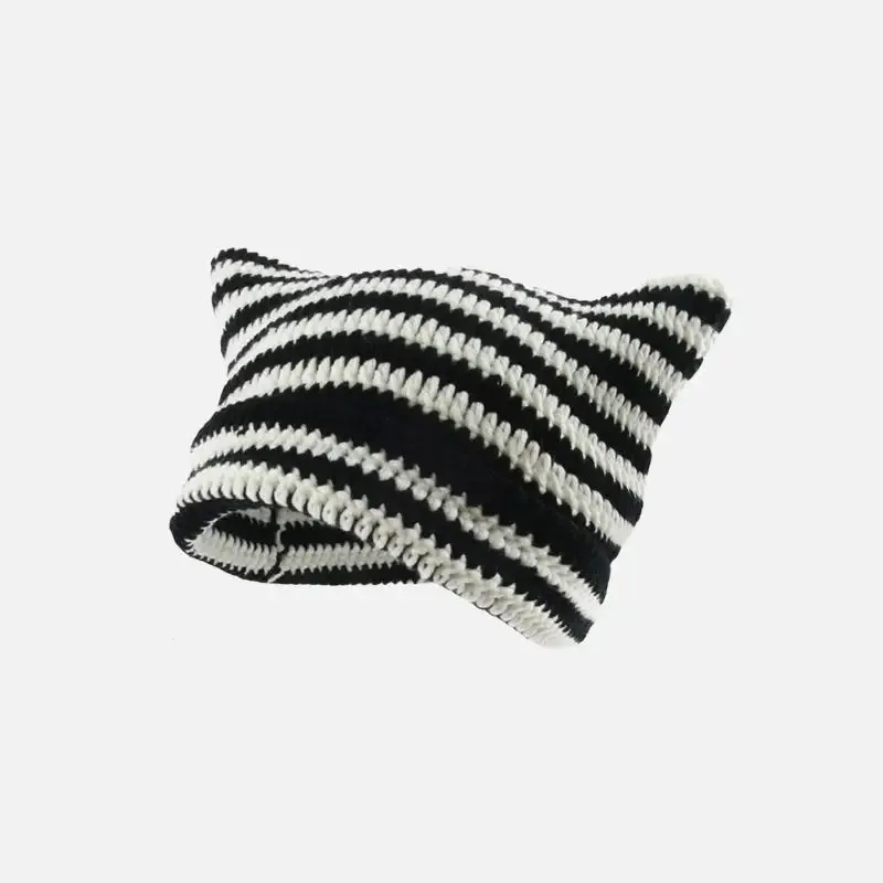 Cute Y2K Striped Cat Ears Beanie for Fashionable Outfits