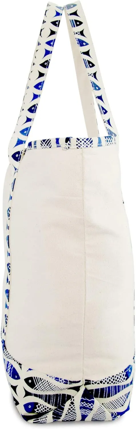 DALIX 22" Shopping Tote Bag Heavy Cotton Canvas (Zippered Top) Blue Antique Fish