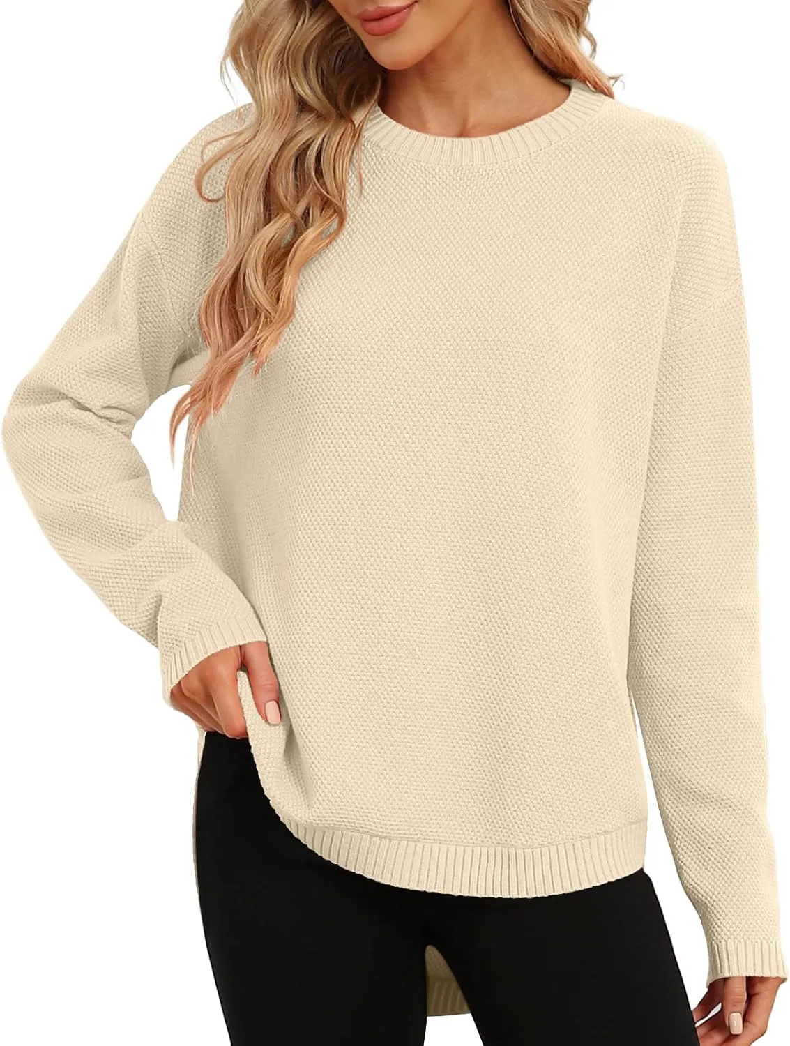 DB MOON Women Crewneck Long Sleeve Knitted Sweater 2025 Loose Fit Soft Solid Pullover