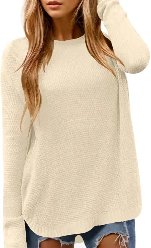 DB MOON Women Crewneck Long Sleeve Knitted Sweater 2025 Loose Fit Soft Solid Pullover