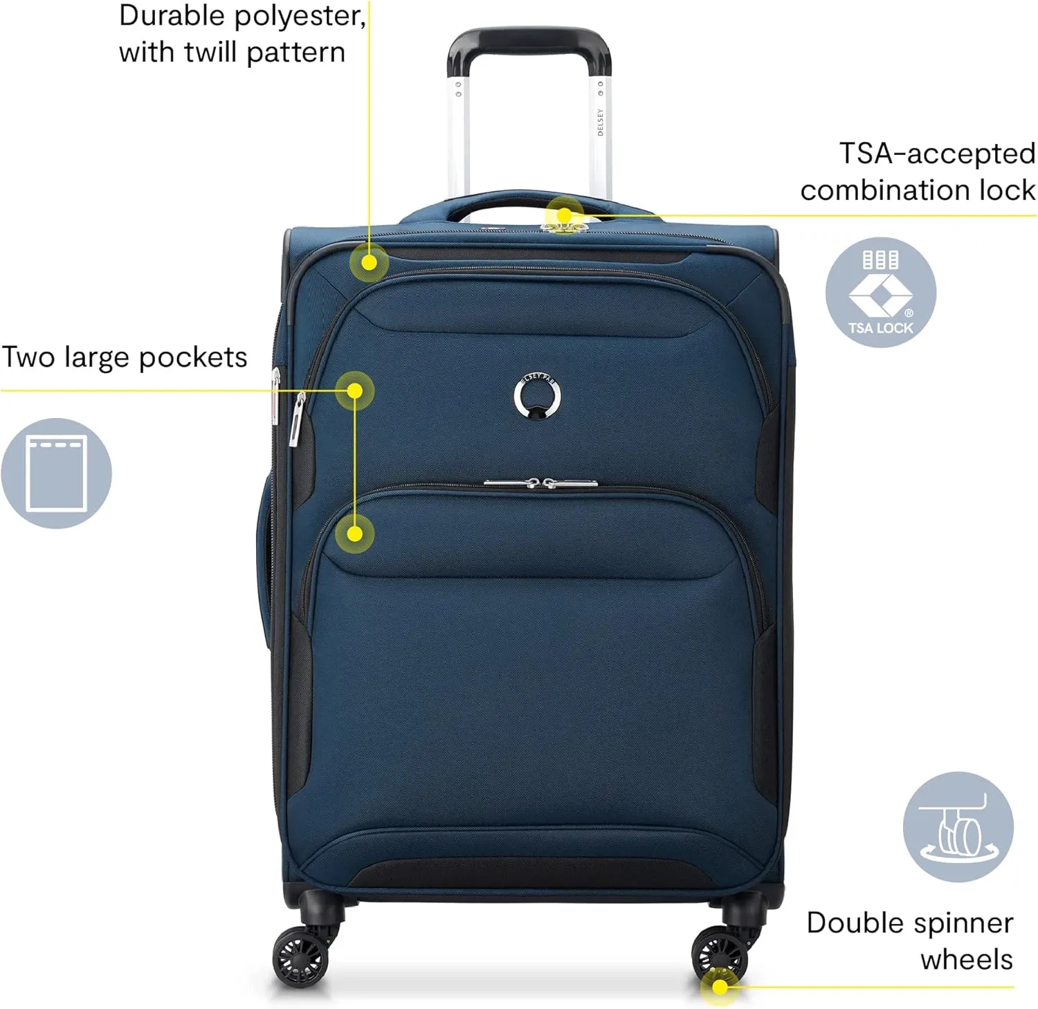 DELSEY PARIS Sky Max 2.0 Softside Expandable Luggage with Spinner Wheels, Blue, 2-Piece Set (21/24)