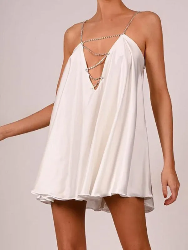 Diamond Chain Strap Mini Dress with Deep V-Neck and Open Back