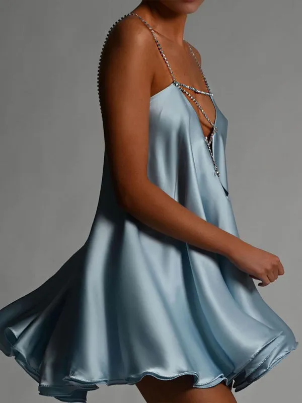 Diamond Chain Strap Mini Dress with Deep V-Neck and Open Back